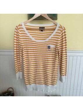 American Eagle Outfitters Womens Yellow & White Striped Sweater With 3/4 Sleeves